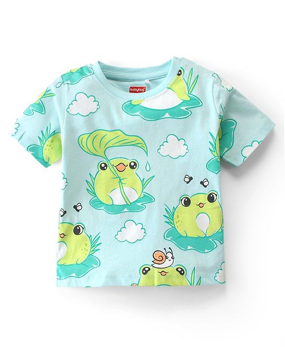 Babyhug Cotton Knit Single Jersey Half Sleeves Night Suit With Frog Print - Green & Blue