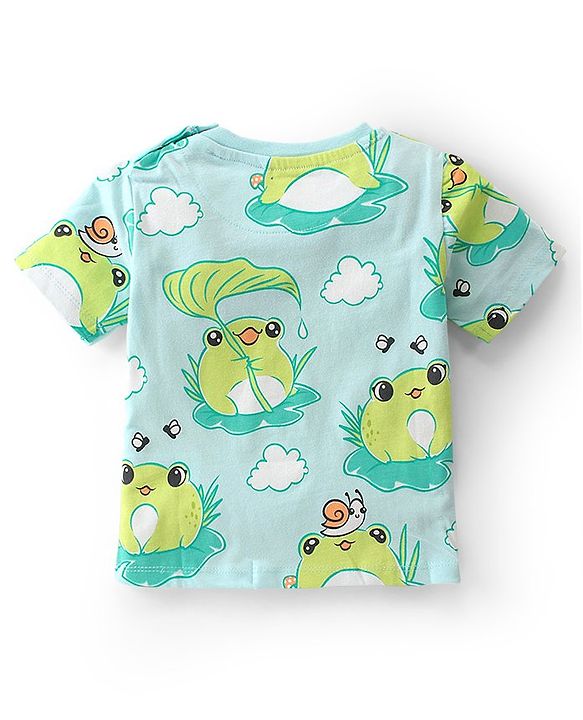 Babyhug Cotton Knit Single Jersey Half Sleeves Night Suit With Frog Print - Green & Blue