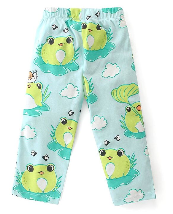 Babyhug Cotton Knit Single Jersey Half Sleeves Night Suit With Frog Print - Green & Blue