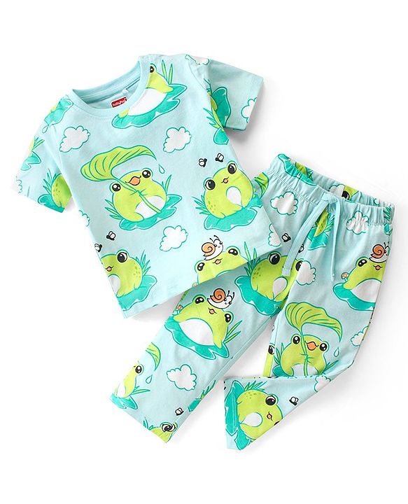 Babyhug Cotton Knit Single Jersey Half Sleeves Night Suit With Frog Print - Green & Blue
