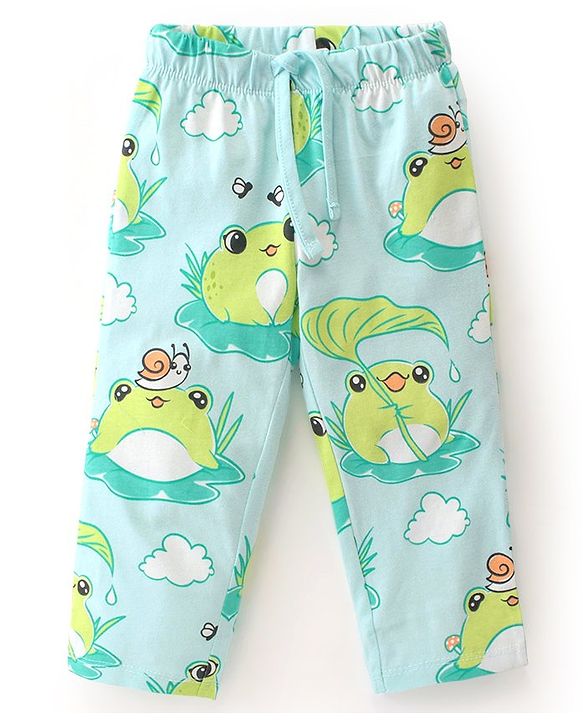 Babyhug Cotton Knit Single Jersey Half Sleeves Night Suit With Frog Print - Green & Blue