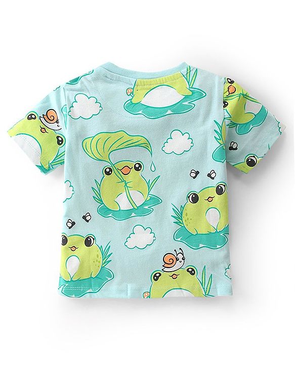 Babyhug Cotton Knit Single Jersey Half Sleeves Night Suit With Frog Print - Green & Blue
