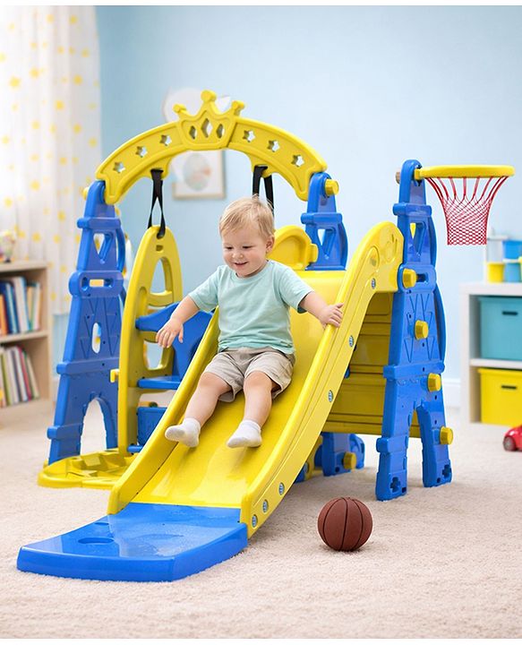 Babyhug 3 in 1  Swing and Slide with Basket Ball Hoop Activity Play Set |Durable and Sturdy Material|Easy assemble Indoor & Outdoor Play|Coordination & Balance|Ideal Gift|Age 2-5 Years|BIS