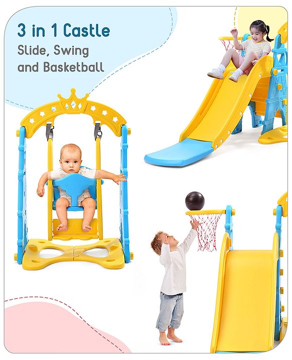 Babyhug 3 in 1  Swing and Slide with Basket Ball Hoop Activity Play Set |Durable and Sturdy Material|Easy assemble Indoor & Outdoor Play|Coordination & Balance|Ideal Gift|Age 2-5 Years|BIS