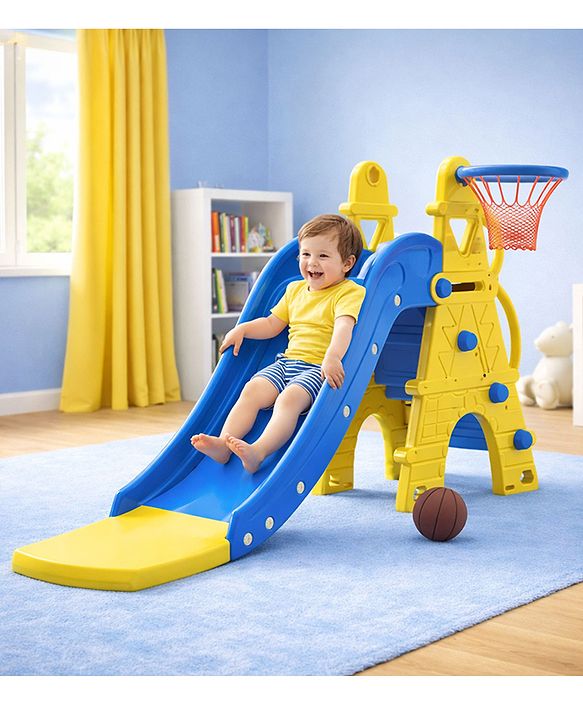 Babyhug  Kids Slide with Basketball Hoop & Easy Climb Ladder|Safe and Durable Material|Smooth Edges, Indoor-Outdoor Use|Balance & Coordination|Bright Colors,Easy to Assemble Setup|2-6 Years|BIS