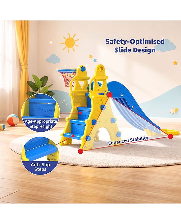 Babyhug  Kids Slide with Basketball Hoop & Easy Climb Ladder|Safe and Durable Material|Smooth Edges, Indoor-Outdoor Use|Balance & Coordination|Bright Colors,Easy to Assemble Setup|2-6 Years|BIS