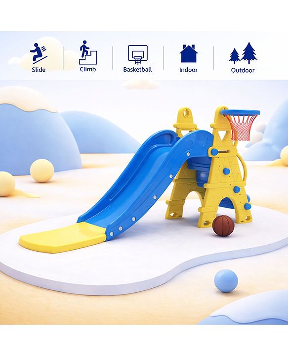Babyhug  Kids Slide with Basketball Hoop & Easy Climb Ladder|Safe and Durable Material|Smooth Edges, Indoor-Outdoor Use|Balance & Coordination|Bright Colors,Easy to Assemble Setup|2-6 Years|BIS