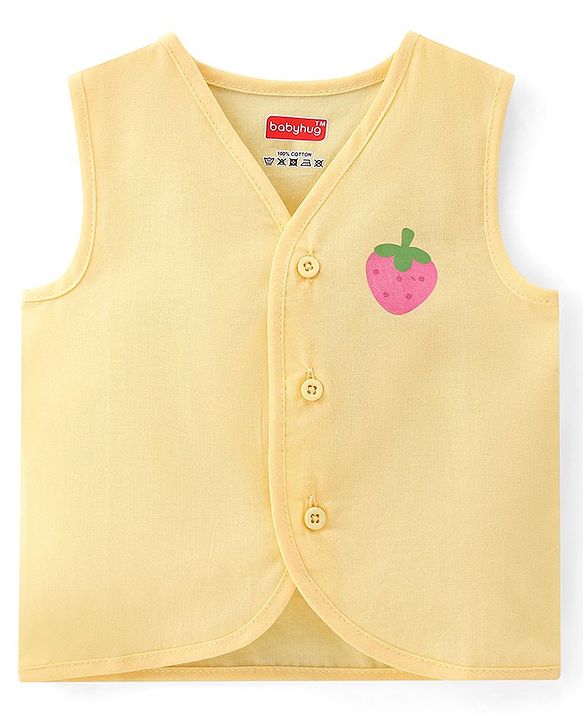 Babyhug 100% Cotton Knit Sleeveless Jhablas Polka Dot & Strawberry Print Pack of 3 - Pink White & Yellow