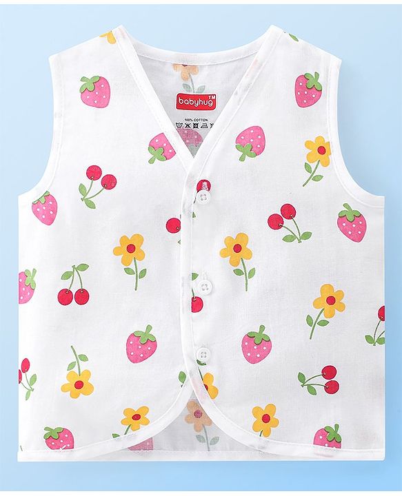 Babyhug 100% Cotton Knit Sleeveless Jhablas Polka Dot & Strawberry Print Pack of 3 - Pink White & Yellow