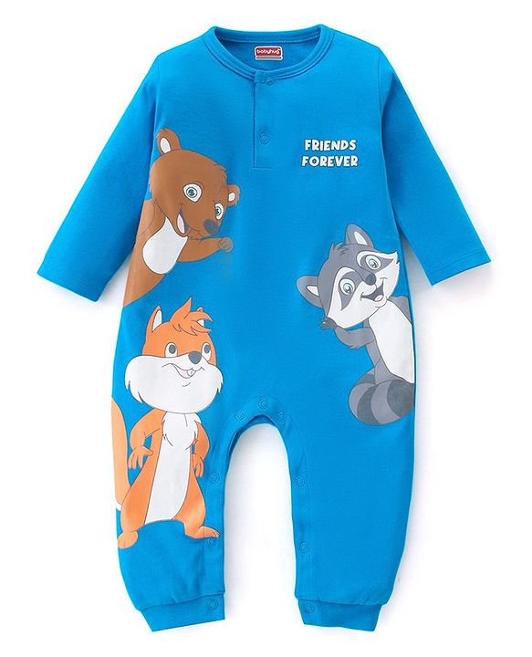 Babyhug 100% Cotton Knit Full Sleeves Romper Racoon Print - Blue
