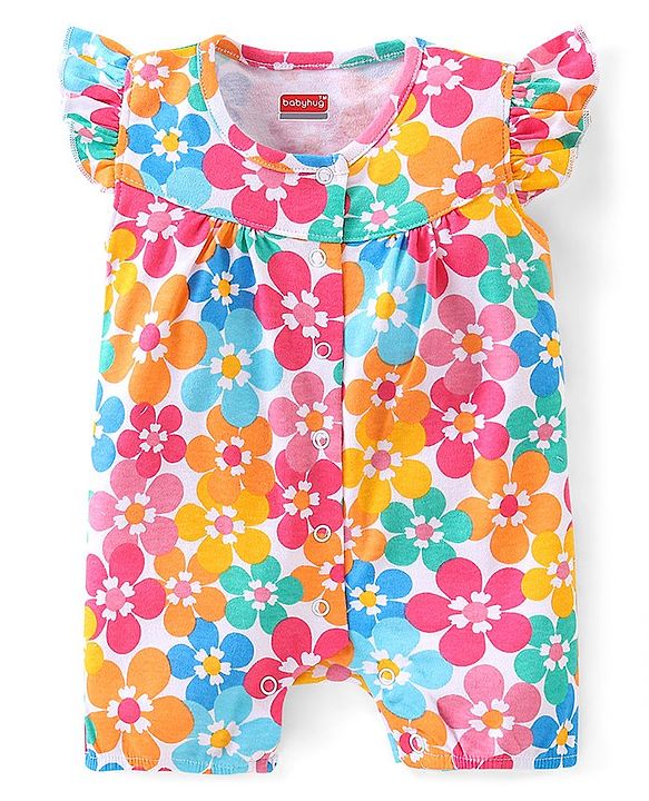 Babyhug 100% Cotton Frill Sleeves Romper With Floral Print - Multicolour