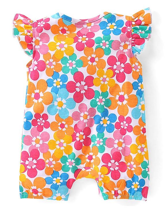 Babyhug 100% Cotton Frill Sleeves Romper With Floral Print - Multicolour
