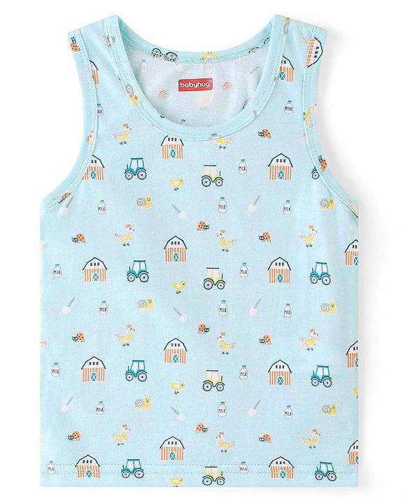Babyhug 100% Cotton Knit Sleeveless Sando Vehicles Print Pack of 3 - Multicolour