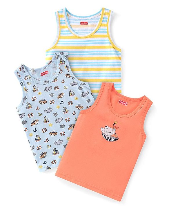 Babyhug 100% Cotton Knit Sleeveless Sando Striped & Boat Theme Print Pack Of 3 - Blue Orange & Yellow