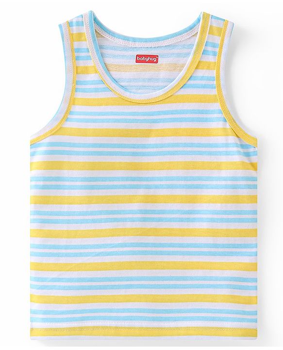 Babyhug 100% Cotton Knit Sleeveless Sando Striped & Boat Theme Print Pack Of 3 - Blue Orange & Yellow