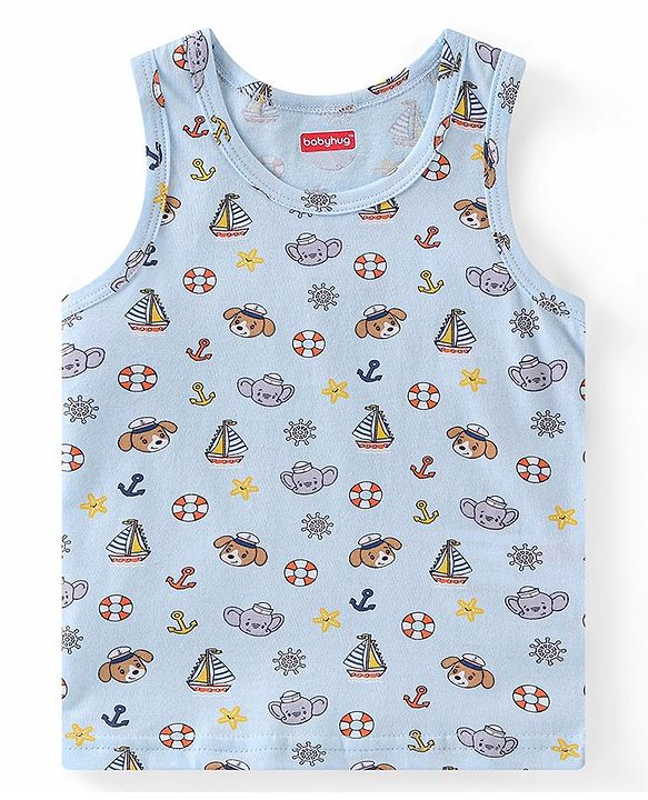 Babyhug 100% Cotton Knit Sleeveless Sando Striped & Boat Theme Print Pack Of 3 - Blue Orange & Yellow