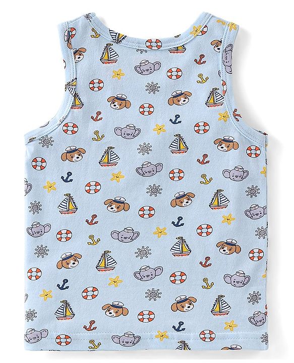 Babyhug 100% Cotton Knit Sleeveless Sando Striped & Boat Theme Print Pack Of 3 - Blue Orange & Yellow