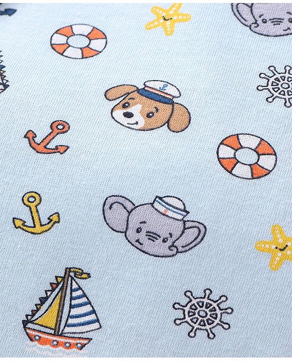 Babyhug 100% Cotton Knit Sleeveless Sando Striped & Boat Theme Print Pack Of 3 - Blue Orange & Yellow