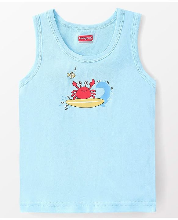 Babyhug 100% Cotton Sleeveless Sandos Crab Print Pack of 3 - Blue & White