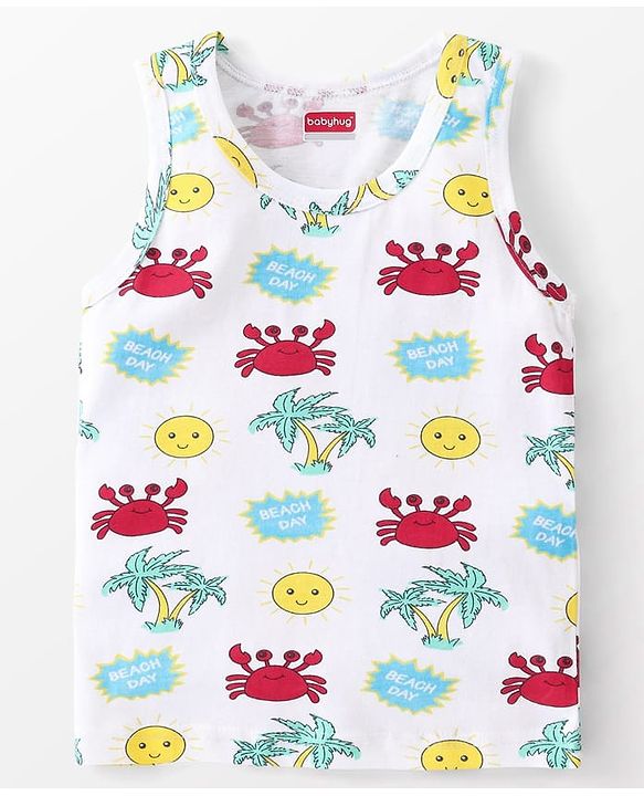 Babyhug 100% Cotton Sleeveless Sandos Crab Print Pack of 3 - Blue & White