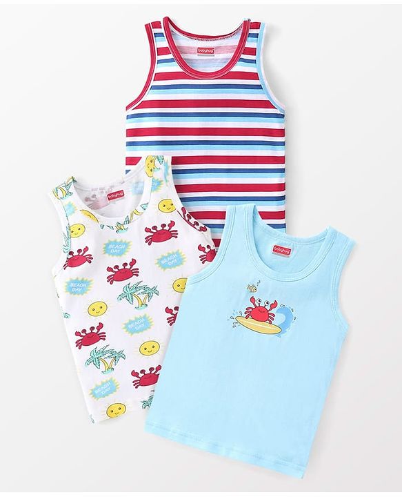 Babyhug 100% Cotton Sleeveless Sandos Crab Print Pack of 3 - Blue & White