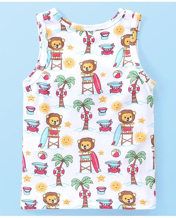 Babyhug 100% Cotton Sleeveless Sando Striped & Lion Print Pack of 3 - Multicolour