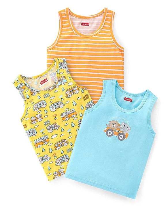 Babyhug 100% Cotton Knit Sleeveless Sandos Striped Animal & Bus Print Pack of 3 - Multicolour
