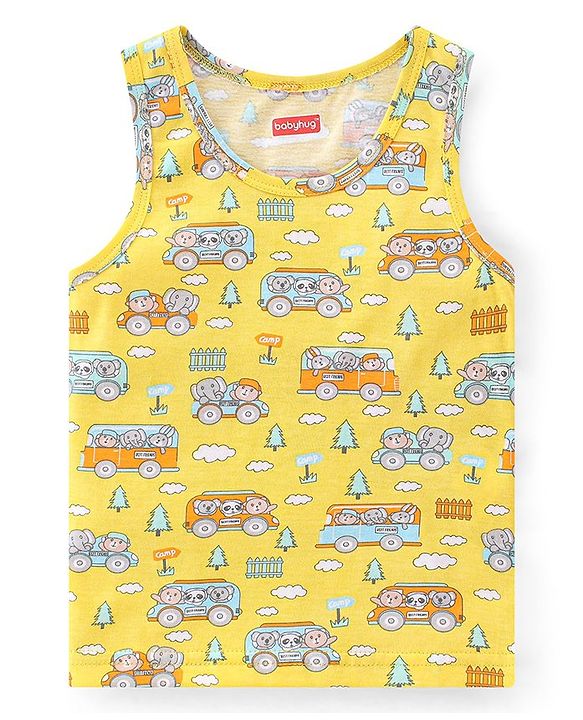 Babyhug 100% Cotton Knit Sleeveless Sandos Striped Animal & Bus Print Pack of 3 - Multicolour
