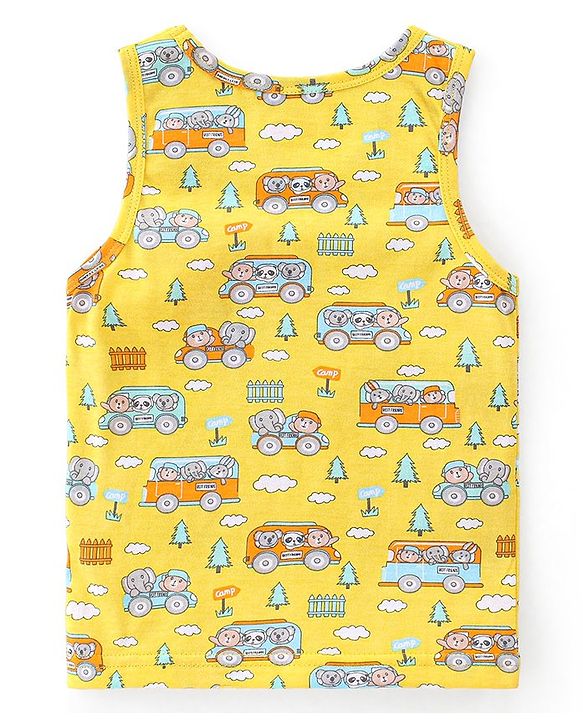 Babyhug 100% Cotton Knit Sleeveless Sandos Striped Animal & Bus Print Pack of 3 - Multicolour
