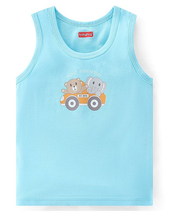 Babyhug 100% Cotton Knit Sleeveless Sandos Striped Animal & Bus Print Pack of 3 - Multicolour