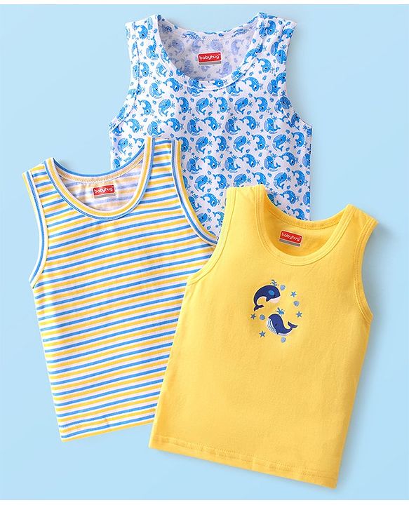 Babyhug 100% Cotton Knit Sleeveless Striped & Whale Printed Sando Pack of 3 - Multicolour