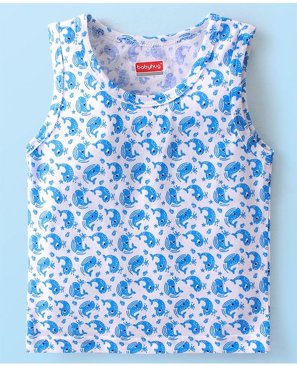 Babyhug 100% Cotton Knit Sleeveless Striped & Whale Printed Sando Pack of 3 - Multicolour