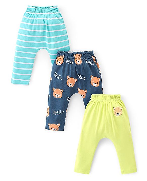 Babyhug Interlock Knit Full Length Diaper Legging Stripes & Bear Print Pack Of 3 - Blue & Green