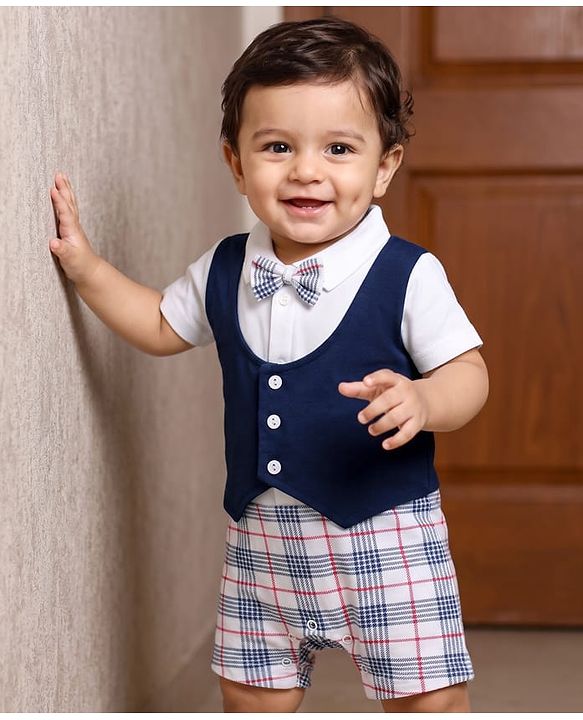Babyhug Interlock 100% Cotton Knit Checkered Romper with Bow Applique - Navy Blue