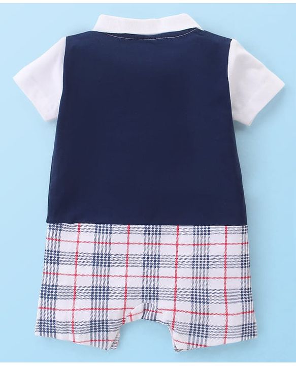 Babyhug Interlock 100% Cotton Knit Checkered Romper with Bow Applique - Navy Blue
