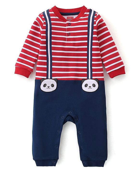 Babyhug 100% Cotton Full Sleeves Stripes Romper - Red
