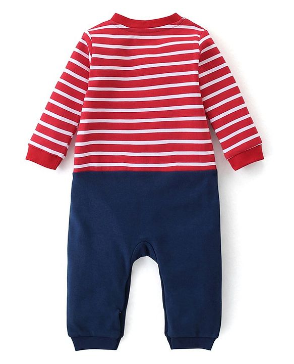 Babyhug 100% Cotton Full Sleeves Stripes Romper - Red