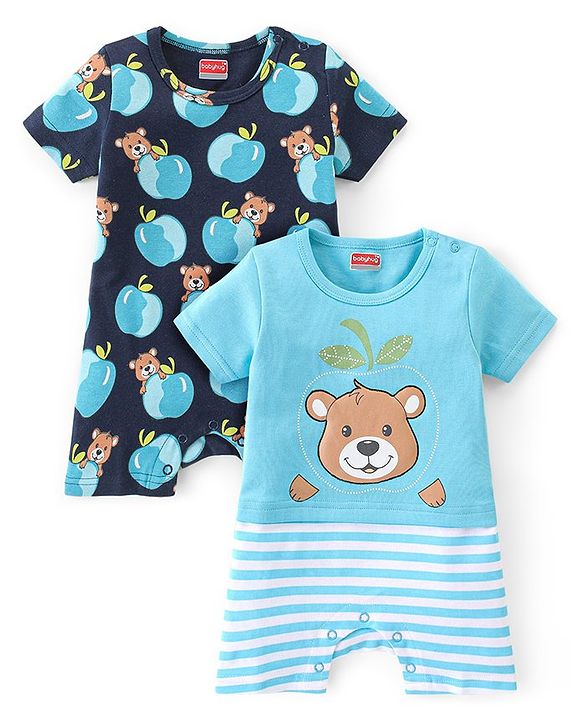 Babyhug 100% Cotton Knit Half Sleeves Romper With Bear Print Pack of 2 - Blue