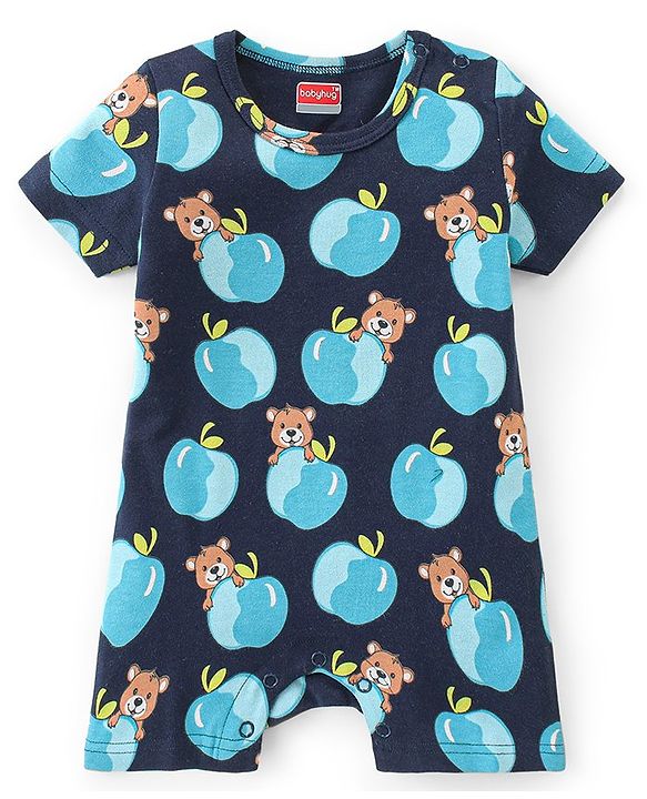 Babyhug 100% Cotton Knit Half Sleeves Romper With Bear Print Pack of 2 - Blue