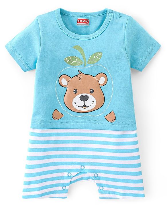 Babyhug 100% Cotton Knit Half Sleeves Romper With Bear Print Pack of 2 - Blue