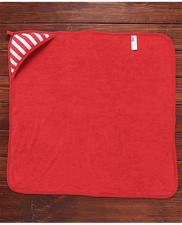 Babyhug Cotton Interlock Two Layer Hooded Towel Stripes Print L 76 x B 76 cm - Red