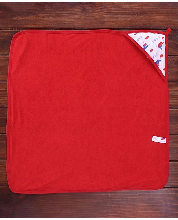 Babyhug Cotton Interlock Two Layer Hooded Towel Ship Print L 76.2 x B 76.2 cm - Red