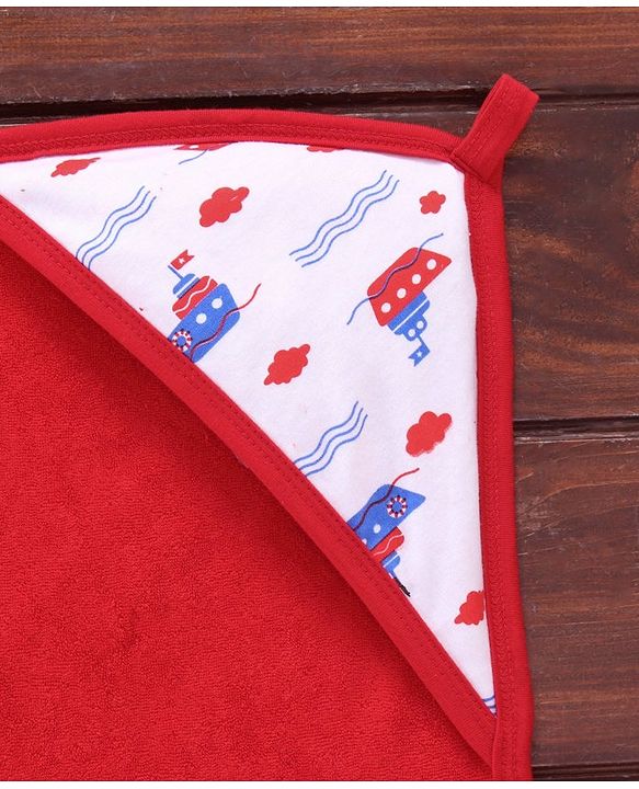 Babyhug Cotton Interlock Two Layer Hooded Towel Ship Print L 76.2 x B 76.2 cm - Red