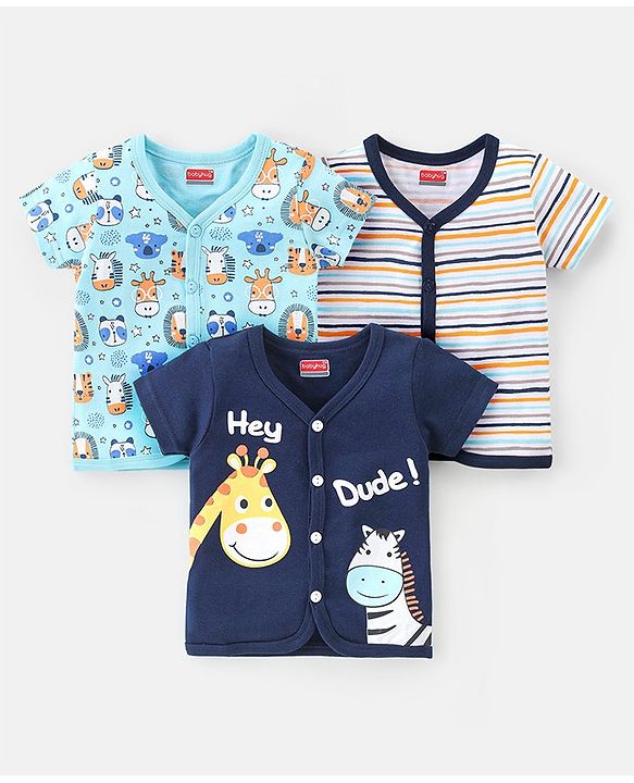 Babyhug 100% Cotton Knit Half Sleeves Front Open Vests Animal Print Pack of 3 - Multicolor