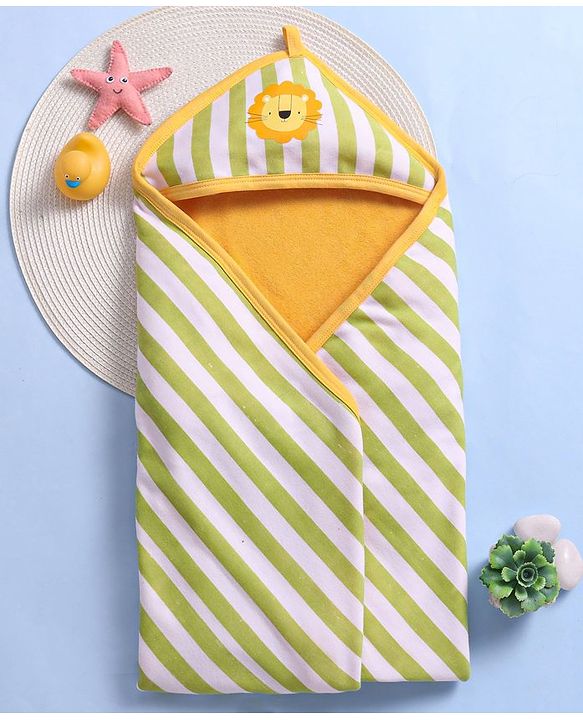 Babyhug Cotton Two Layer Hooded Towel Stripes Print - Green