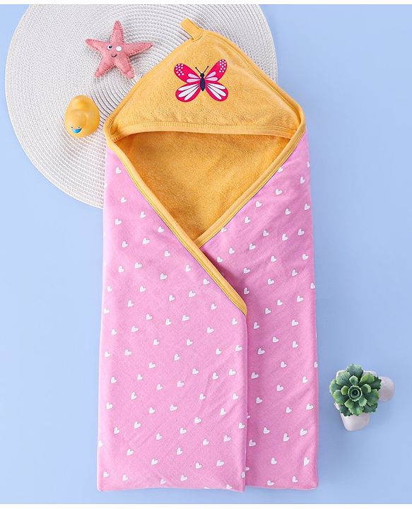 Babyhug Hooded Towel Two Layer Butterfly Print L 76.2 x B 76.2 cm - Pink & Orange