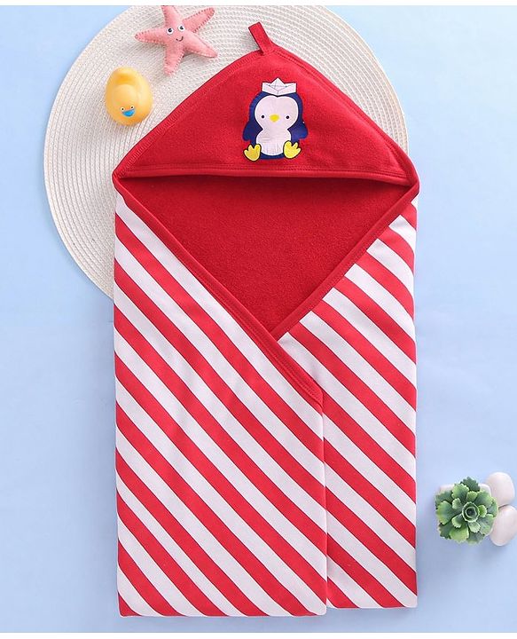Babyhug Cotton Two Layer Hooded Towel Stripes Print L 76 x B 76 cm - Red