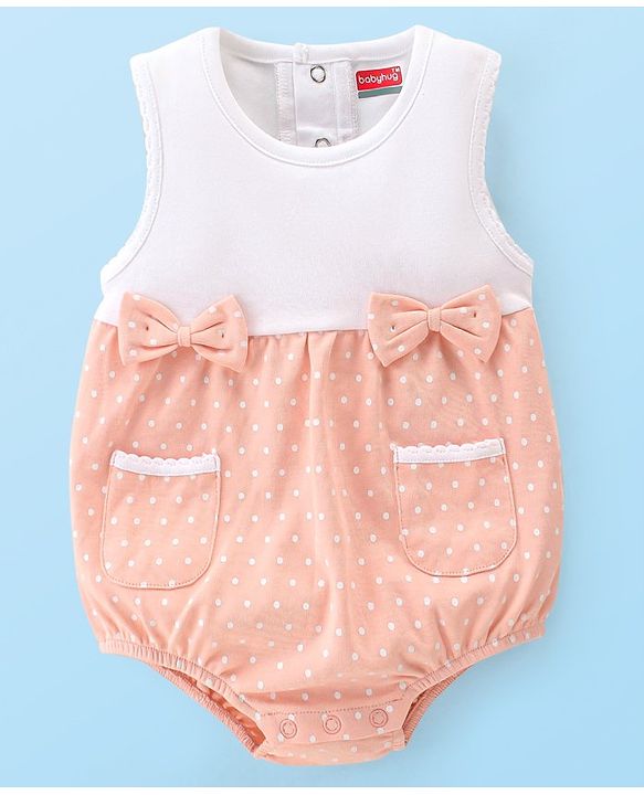Babyhug 100% Cotton Knit Sleeveless  Onesie With Headband Polka Dot Print & Bow Applique - Peach