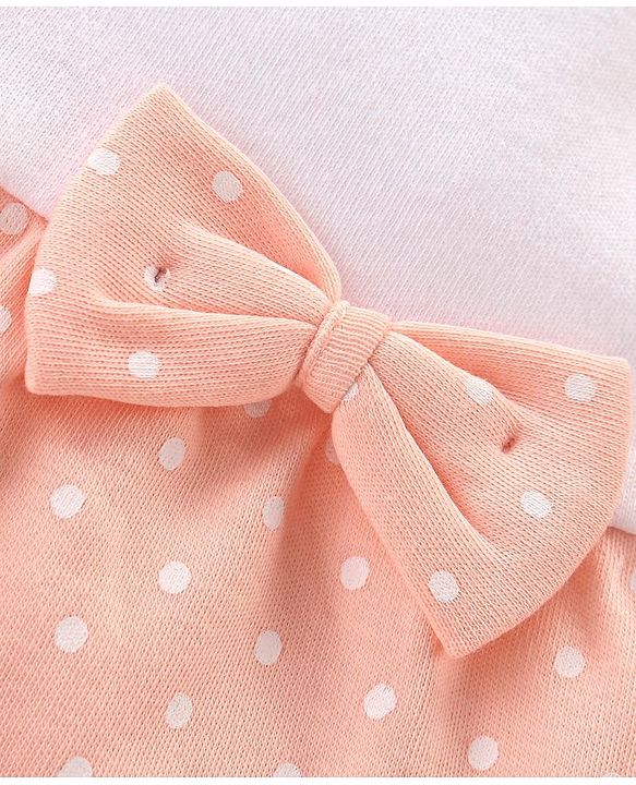 Babyhug 100% Cotton Knit Sleeveless  Onesie With Headband Polka Dot Print & Bow Applique - Peach