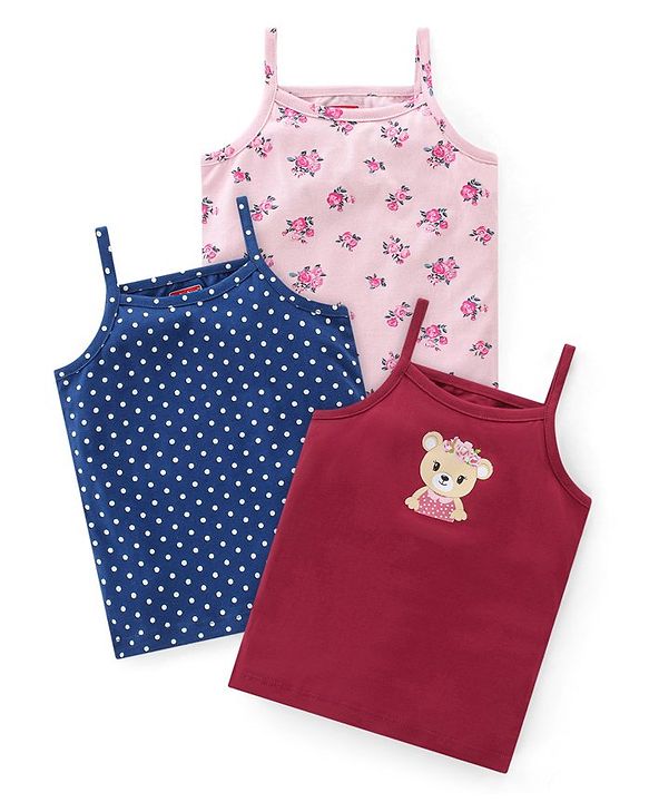 Babyhug 100% Cotton Knit Sleeveless Slips Floral & Bear Print  Pack of 3- Multicolour